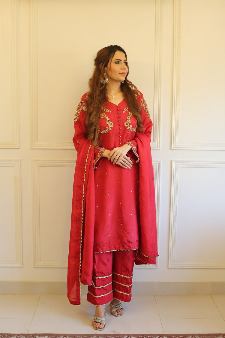 Embroidered Russian Silk Suit with Chiffon Dupatta