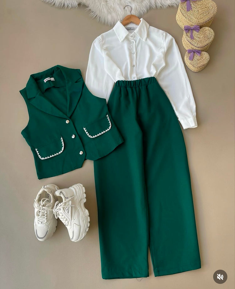 Chic Three-Piece Set with Embellished Vest