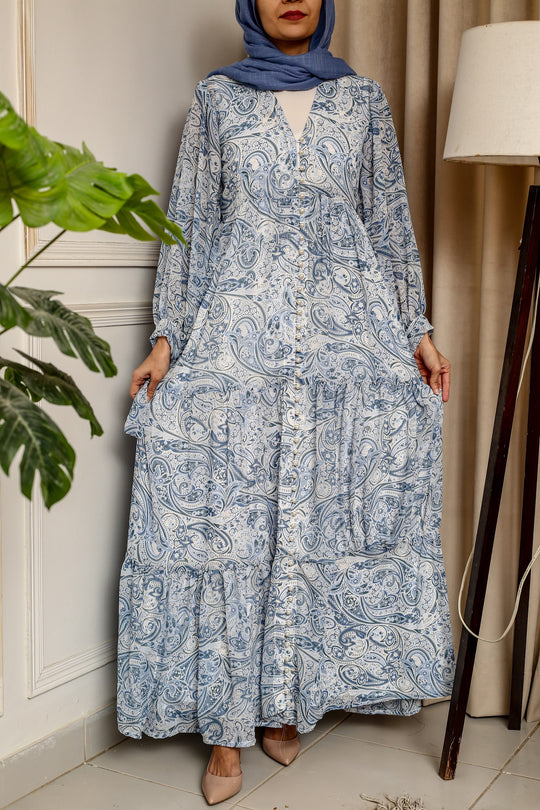 Blue Paisley Chiffon Maxi Dress