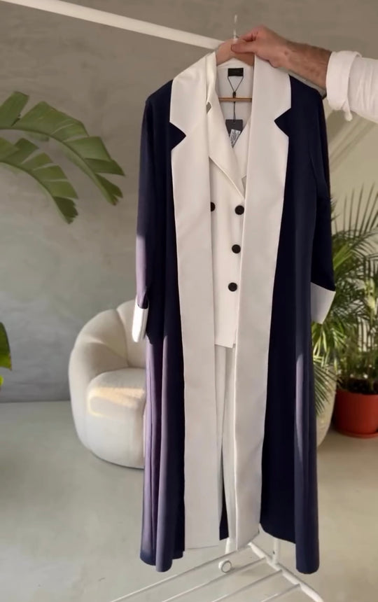 Elegant Tuxedo-Inspired Abaya Set – Gown, Shirt & Trousers