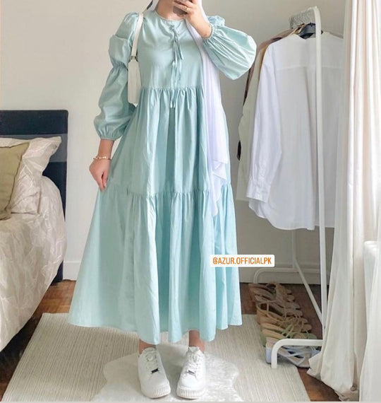 Ice Blue Cotton Tiered Dress