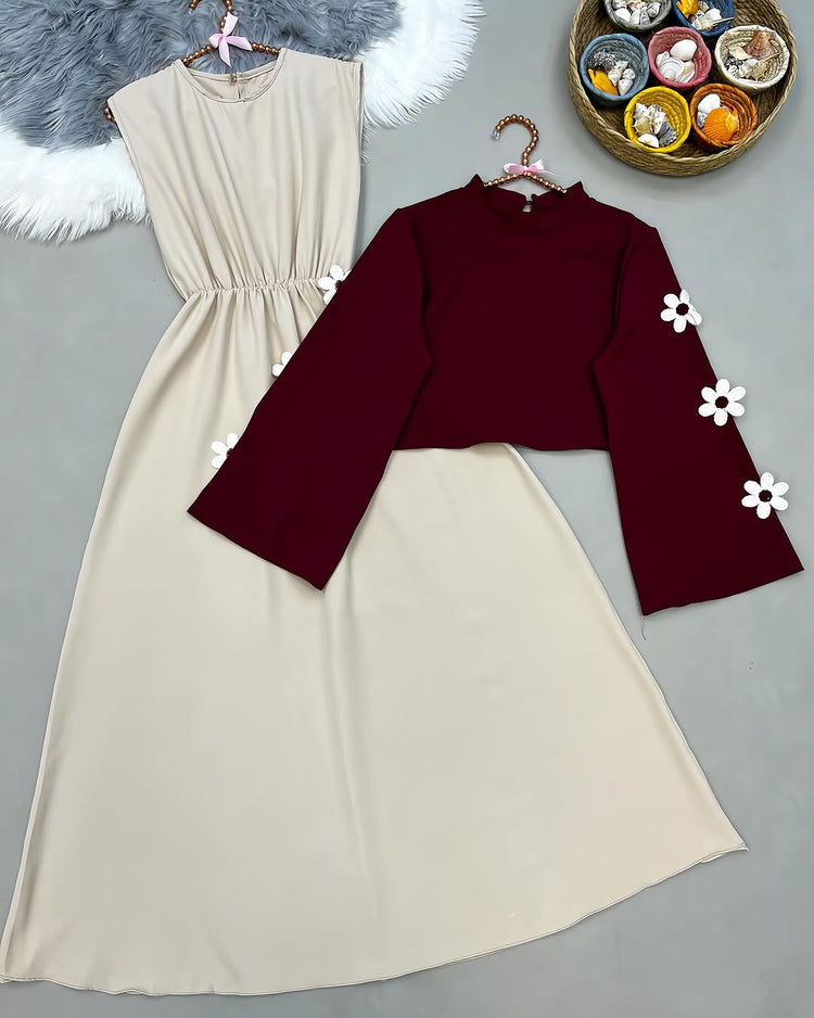 Elegant 2-Piece Double Georgette Dress with Floral Sleeve Details