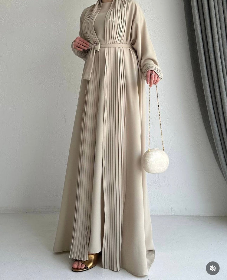 Elegant Pleated Open Abaya with Belted Inner Dress