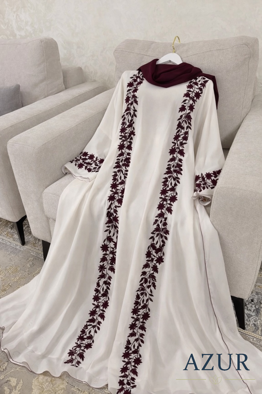Ivory & Maroon Panel Embroidered Abaya