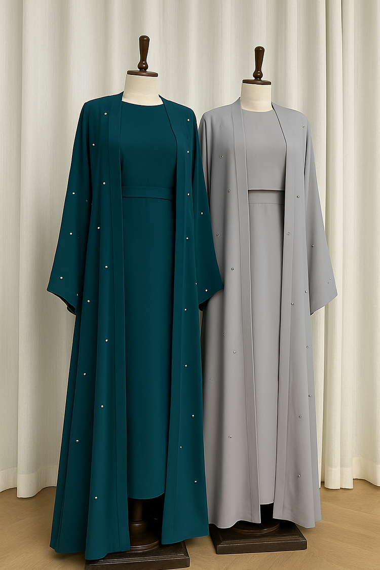 Premium Double Georgette Gown & Inner Set – Teal & Gray Elegance Collection
