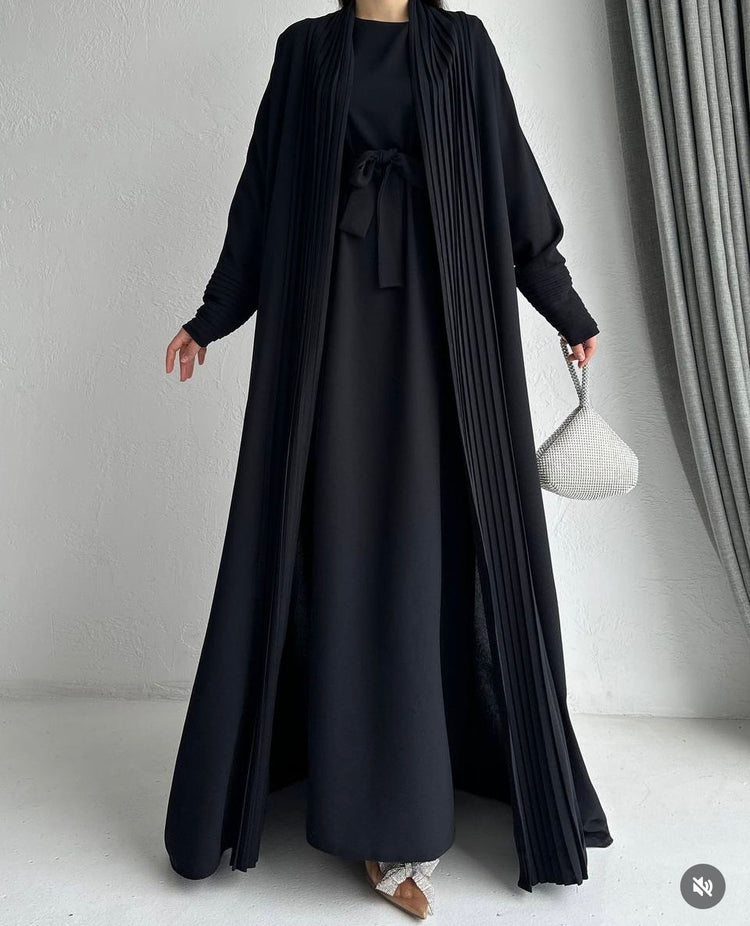 Elegant Pleated Open Abaya with Belted Inner Dress