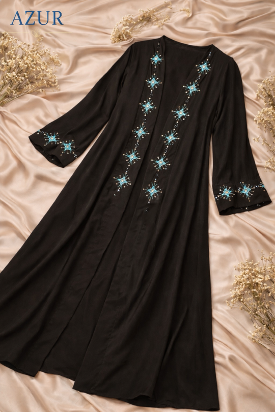 Black Double Georgette Abaya with Hand-Embellished Turquoise Detailing