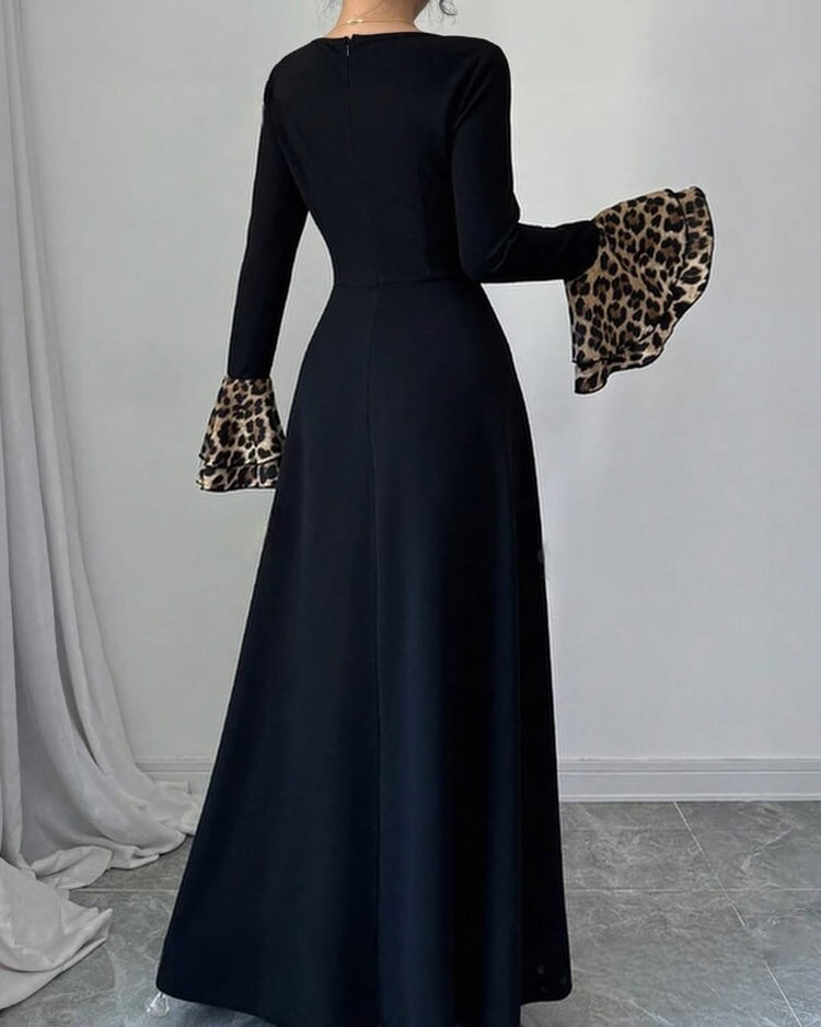 Elegant Black Double Georgette Gown with Leopard Print Accents