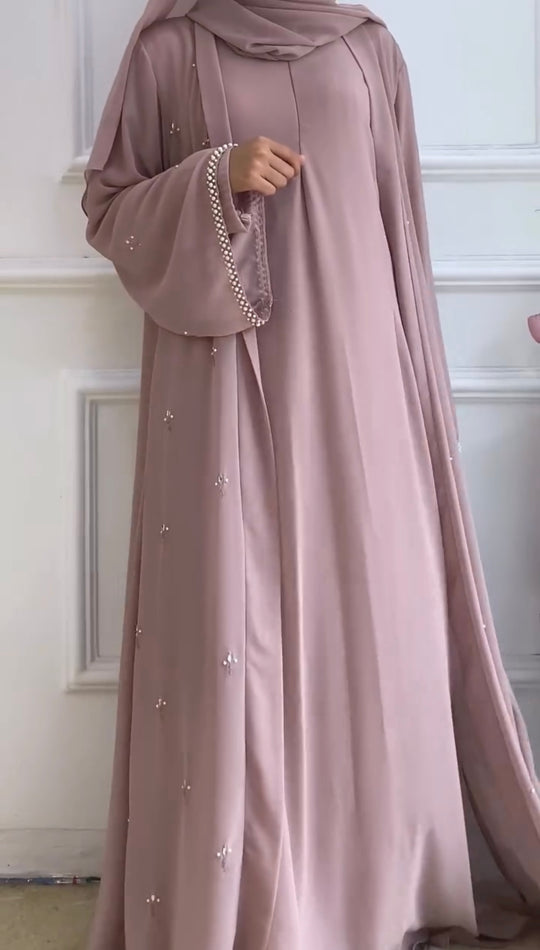 Blush Pearl-Trimmed Double Georgette Abaya Set