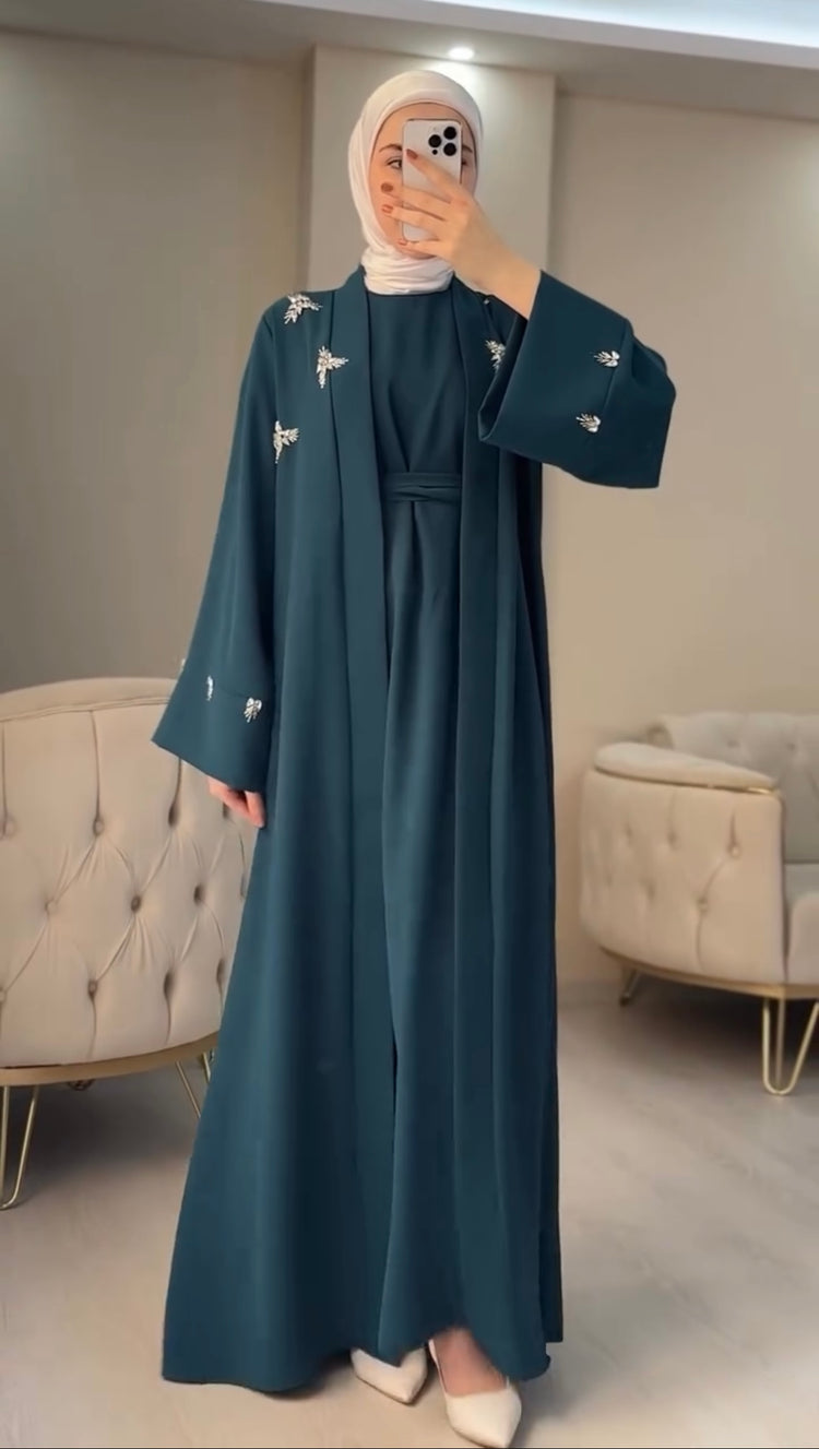 Embroidered Double Georgette Open Abaya Set with Inner Dress