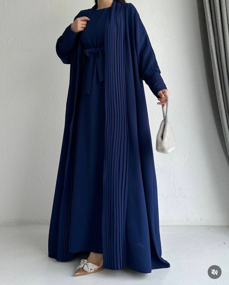 Elegant Pleated Open Abaya with Belted Inner Dress