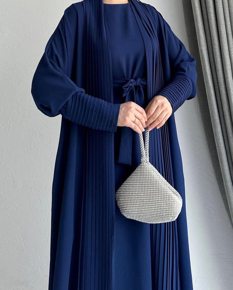 Elegant Pleated Open Abaya with Belted Inner Dress