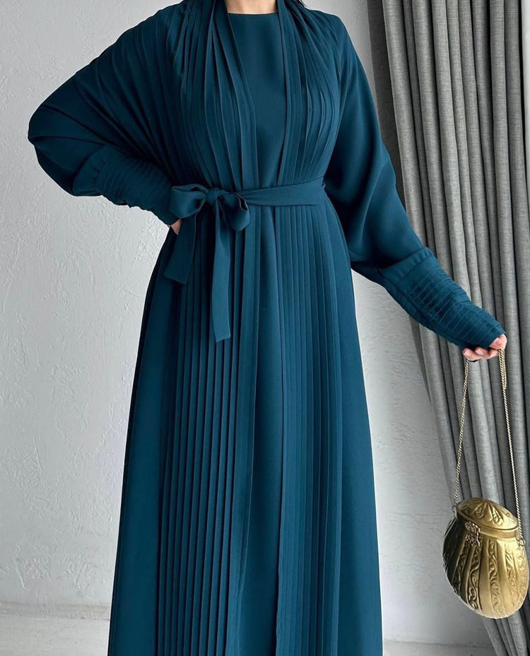 Elegant Pleated Open Abaya with Belted Inner Dress