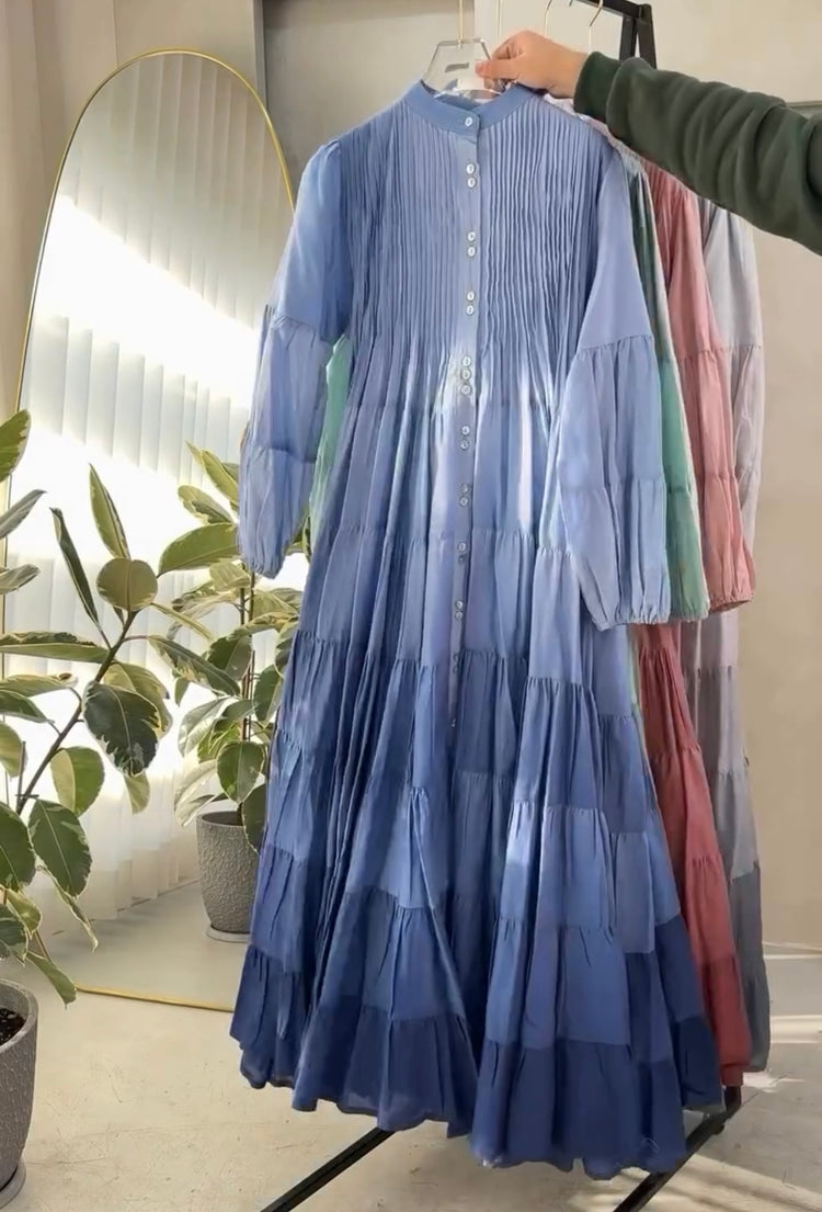 Elegant Cotton Lawn Pleated Tiered Maxi Dress
