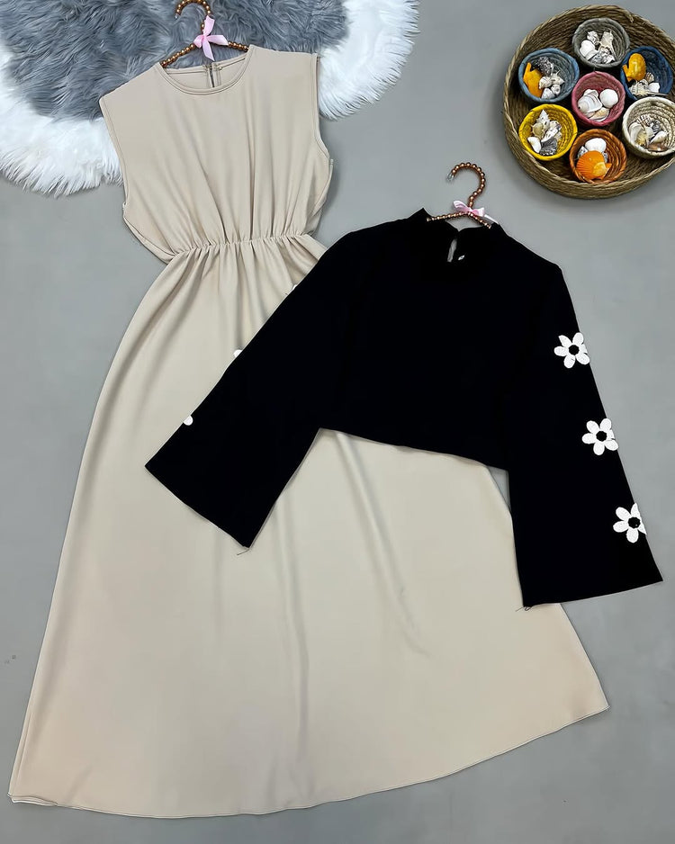Elegant 2-Piece Double Georgette Dress with Floral Sleeve Details