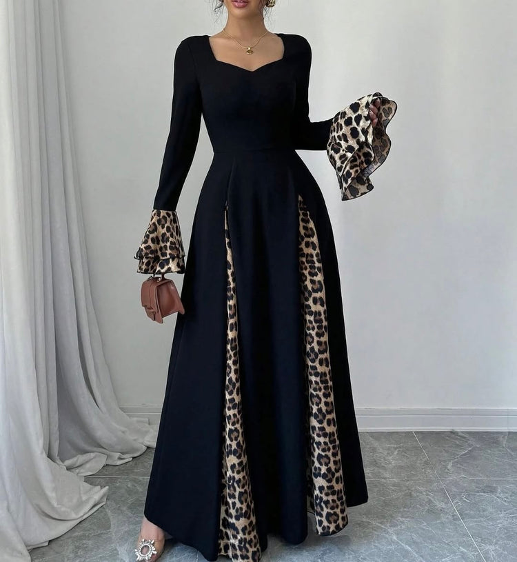 Elegant Black Double Georgette Gown with Leopard Print Accents