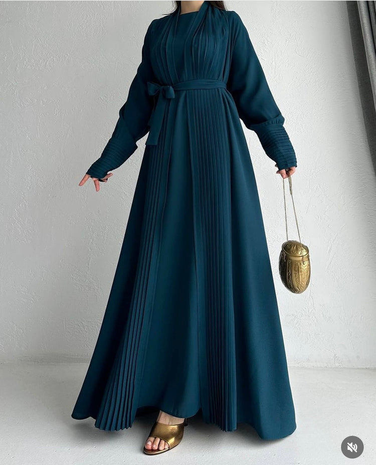 Elegant Pleated Open Abaya with Belted Inner Dress