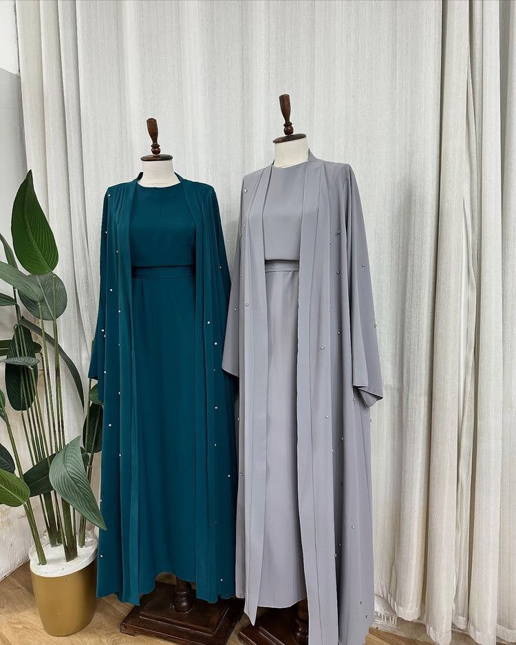 Premium Double Georgette Gown & Inner Set – Teal & Gray Elegance Collection