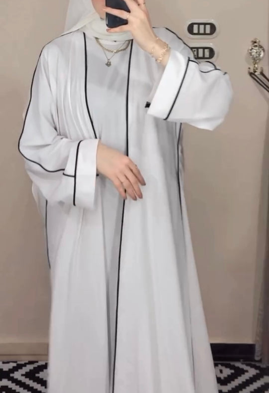 Elegant White Double Georgette Abaya with Inner – Black Piping Detail