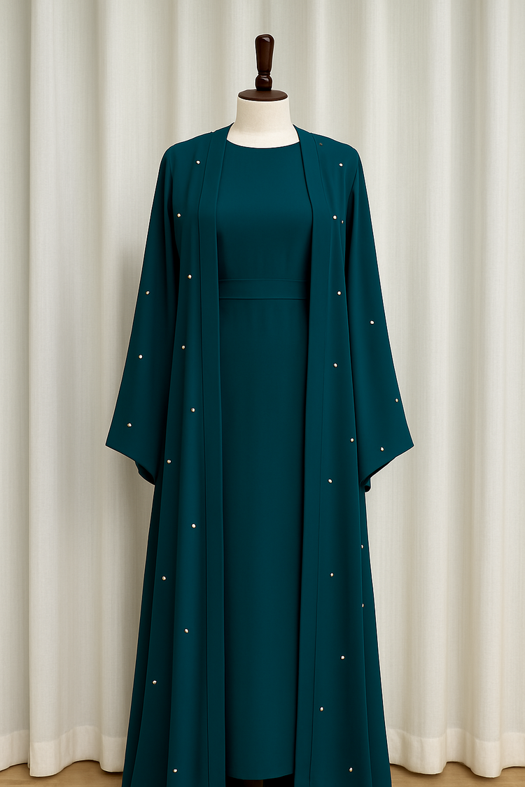 Premium Double Georgette Gown & Inner Set – Teal & Gray Elegance Collection