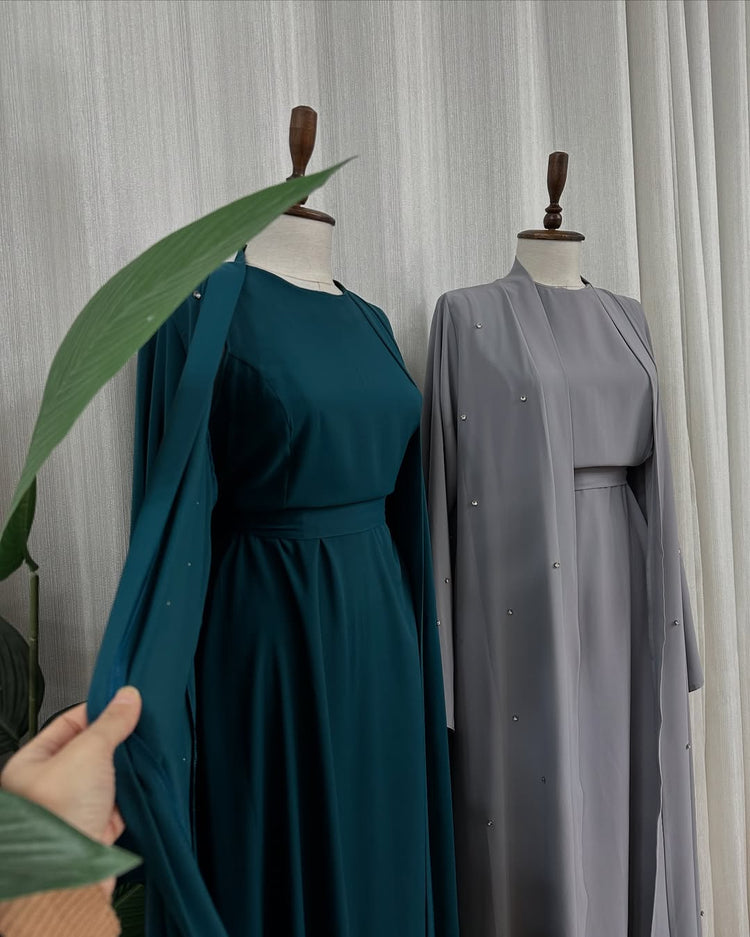 Premium Double Georgette Gown & Inner Set – Teal & Gray Elegance Collection