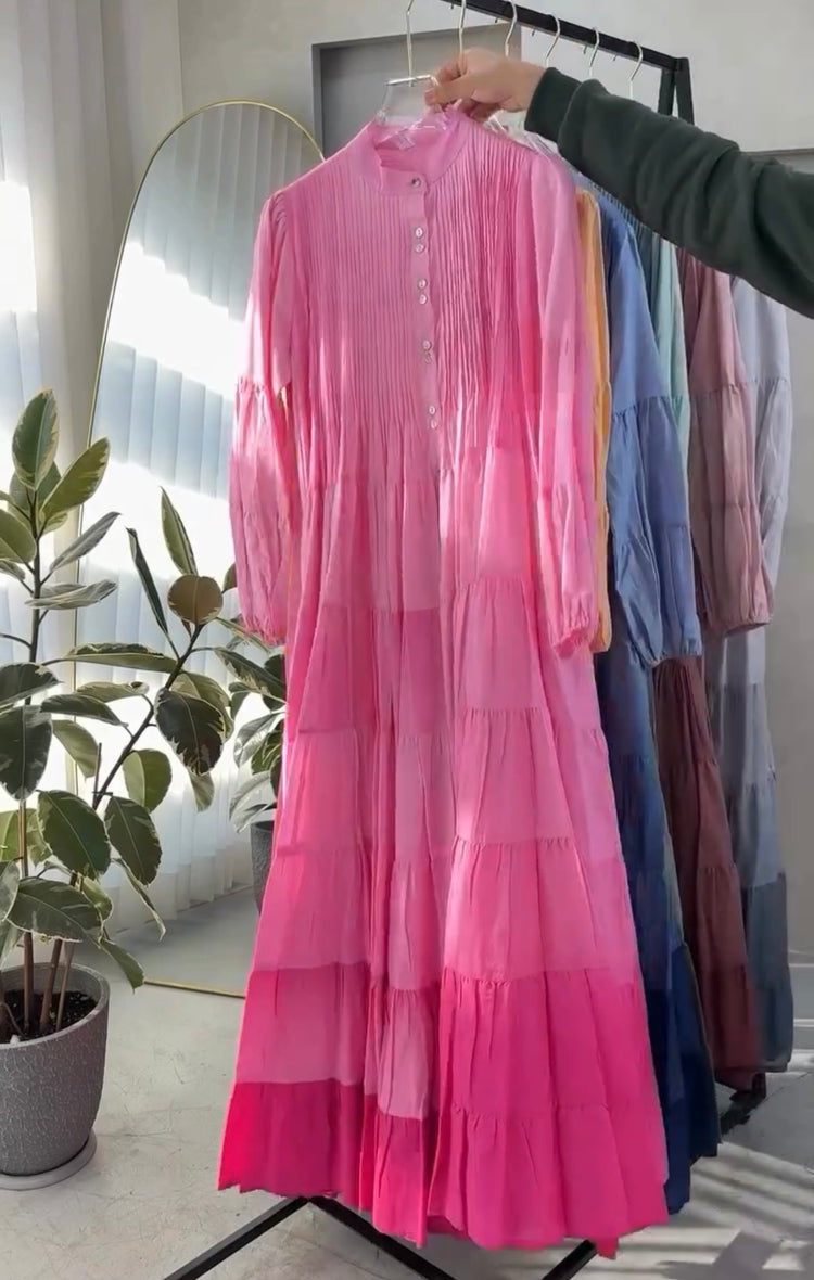 Elegant Cotton Lawn Pleated Tiered Maxi Dress