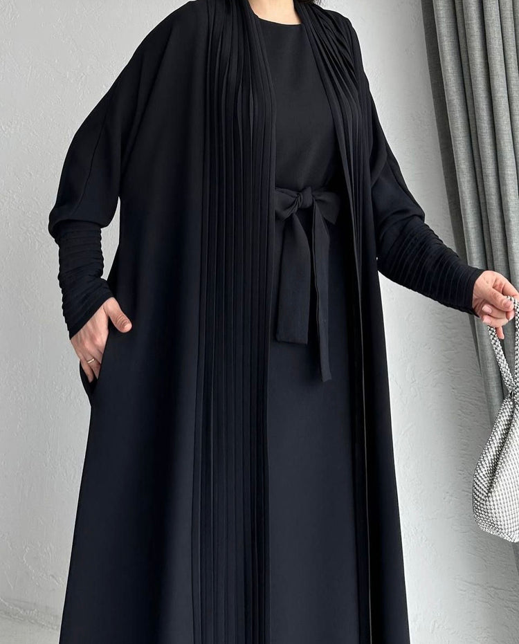 Elegant Pleated Open Abaya with Belted Inner Dress