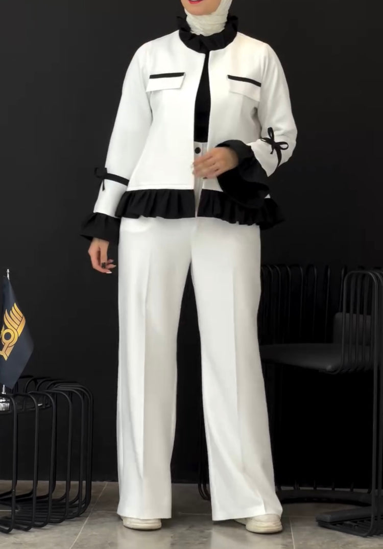 Elegant Monochrome Ruffle-Trim Jacket & Wide-Leg Pants Set