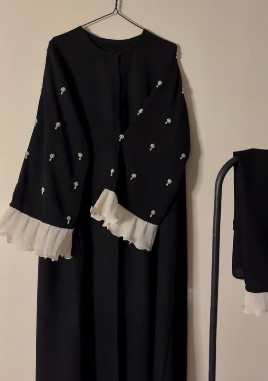 Black Embellished Abaya with Pearl Detailing and Ruffle Cuffs