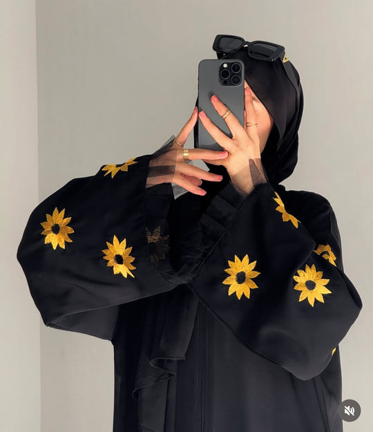 Black Sunflower Embroidered Abaya