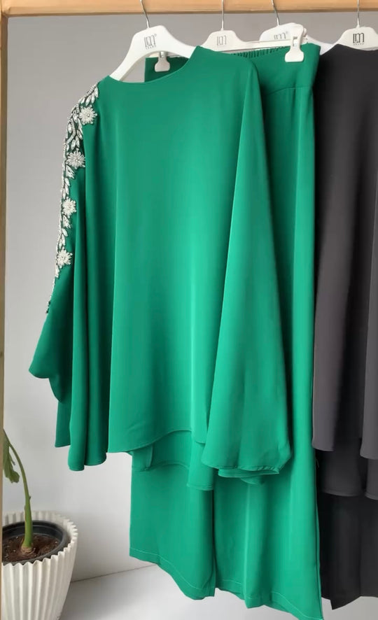 Embroidered Batwing Shirt & Wide-Leg Trousers Set