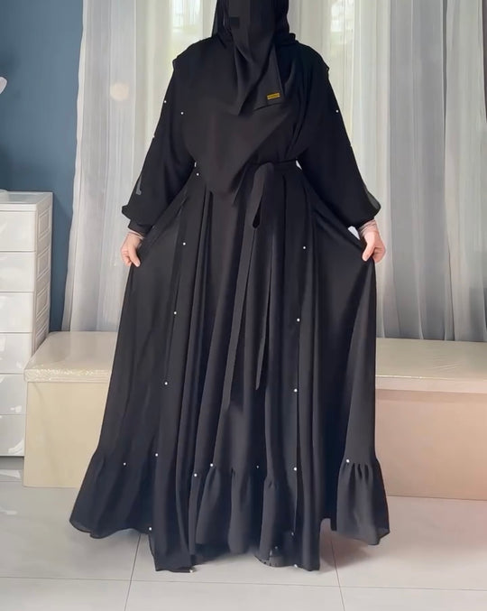 Pearl-Embellished Flared Abaya