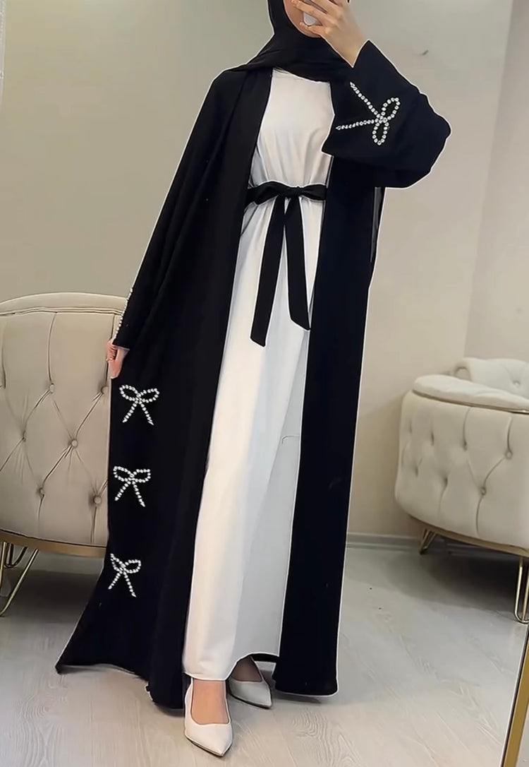 Bow Embellished Double Georgette Open Abaya