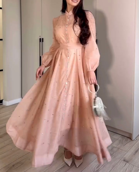 Elegant Peach Embellished Cotton Net Dress with Stone Work