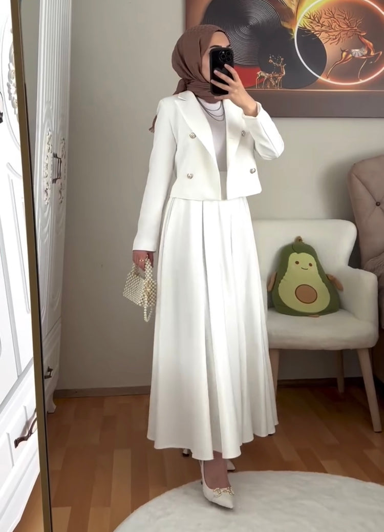 Elegant Cropped Jacket and Pleated Maxi Skirt Set