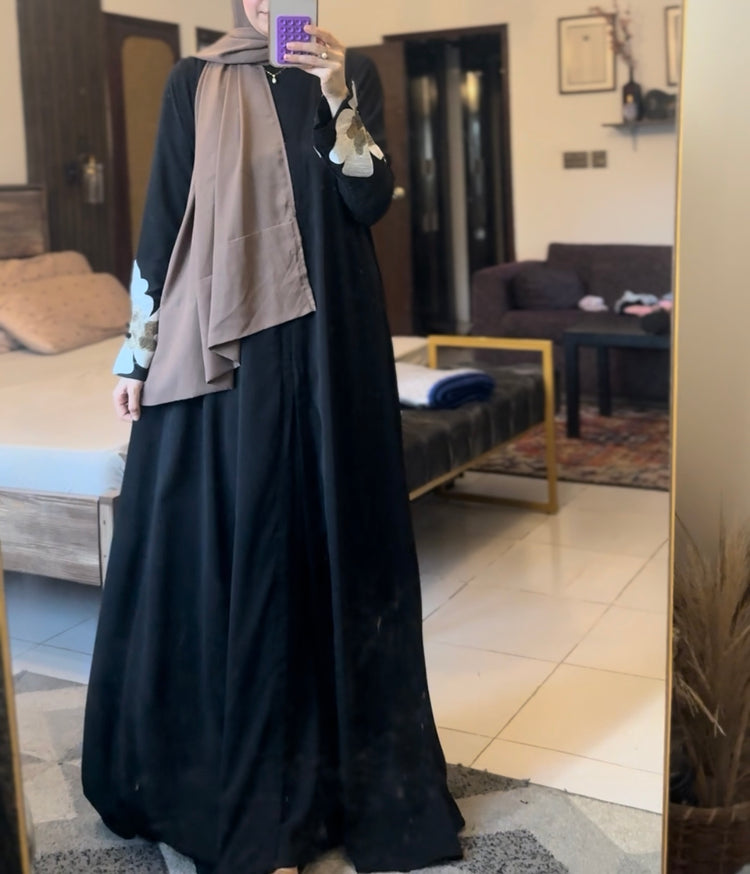 Elegant Black Double Georgette Abaya Set with White & Beige Floral Embroidery