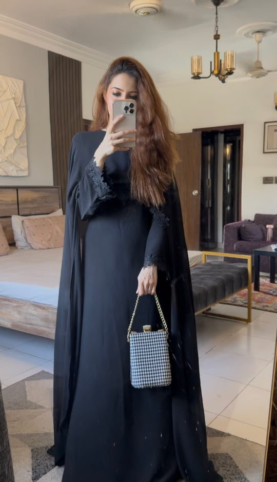Elegant Black Double Georgette Abaya with Floral Lace Cape