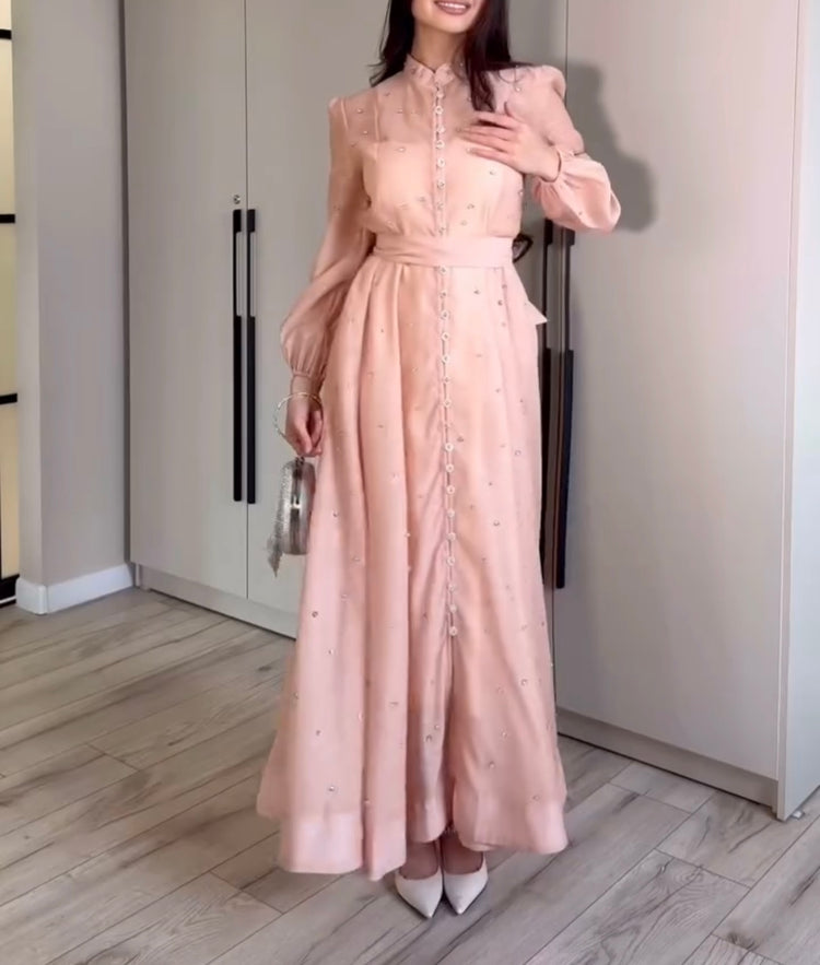 Elegant Peach Embellished Cotton Net Dress with Stone Work