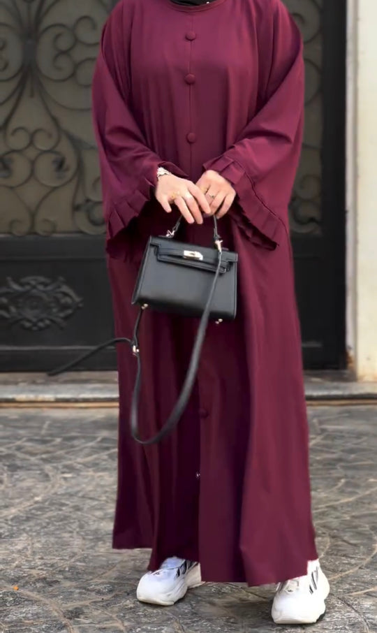 Elegant Burgundy Double Georgette Abaya with Ruffle Sleeves