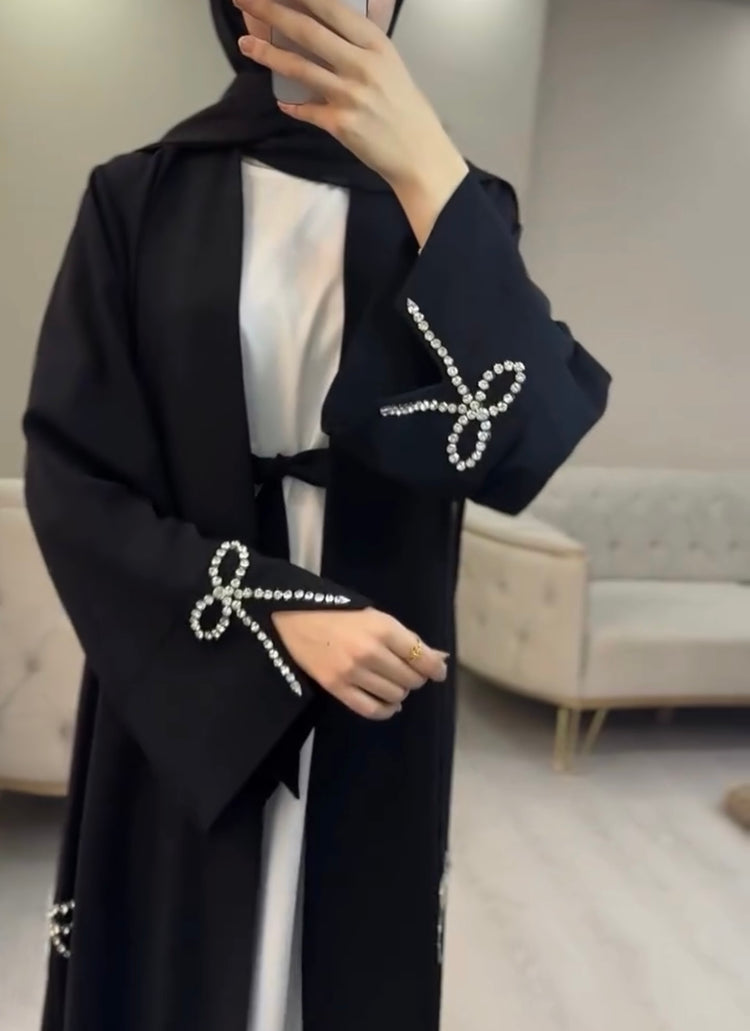 Bow Embellished Double Georgette Open Abaya