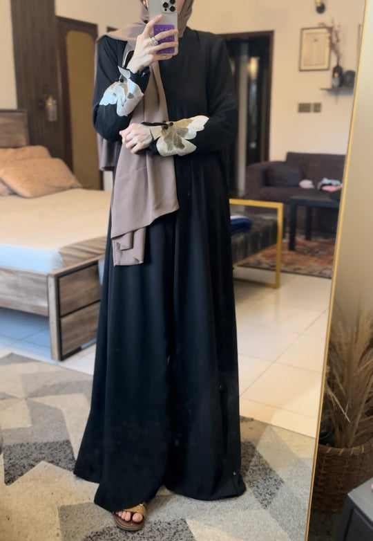 Elegant Black Double Georgette Abaya Set with White & Beige Floral Embroidery