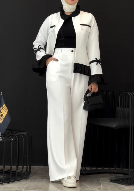 Elegant Monochrome Ruffle-Trim Jacket & Wide-Leg Pants Set