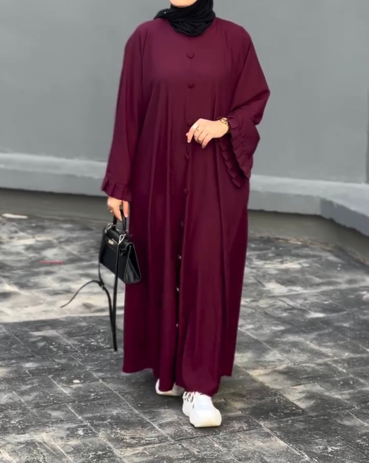 Elegant Burgundy Double Georgette Abaya with Ruffle Sleeves