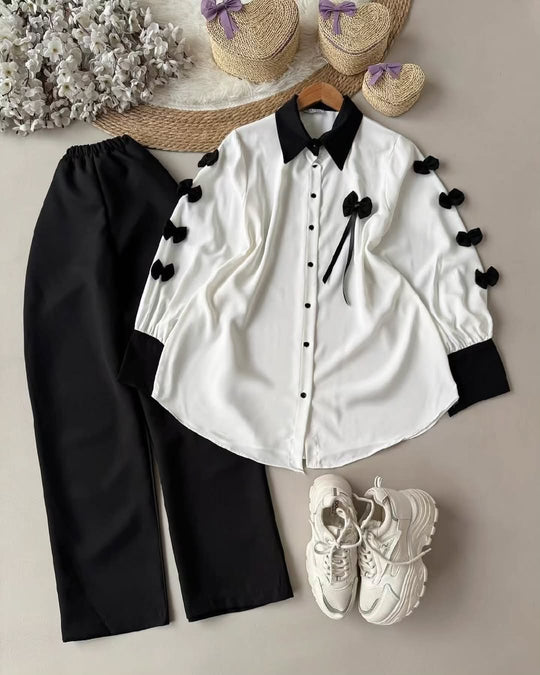 Elegant Bow Detail Two-Piece Set with Shirt and Trousers