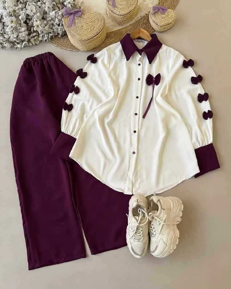 Elegant Bow Detail Two-Piece Set with Shirt and Trousers