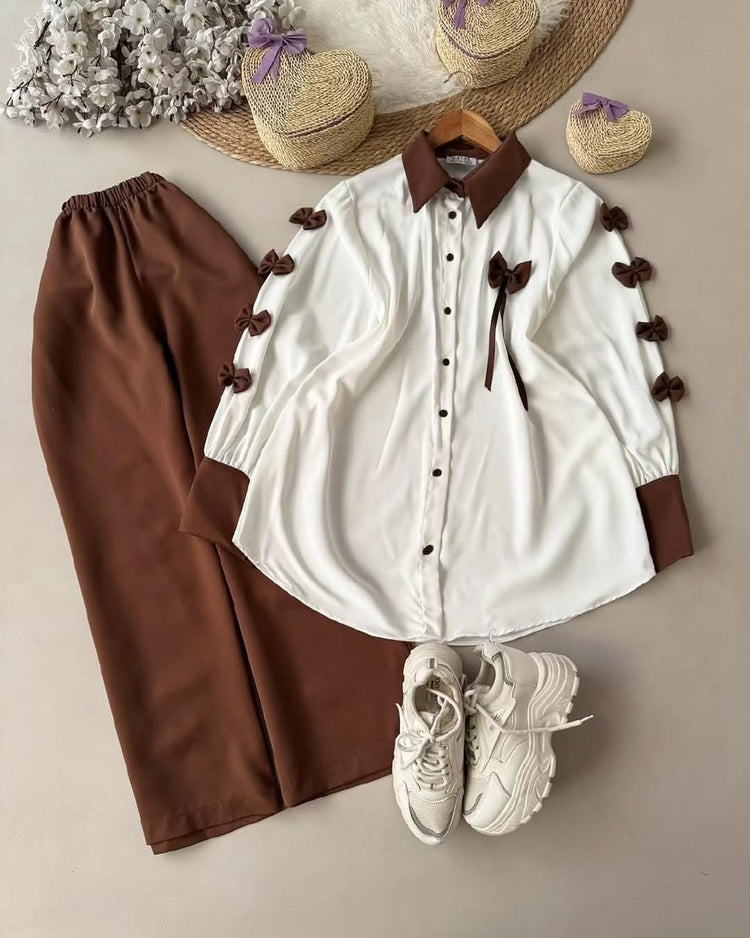 Elegant Bow Detail Two-Piece Set with Shirt and Trousers