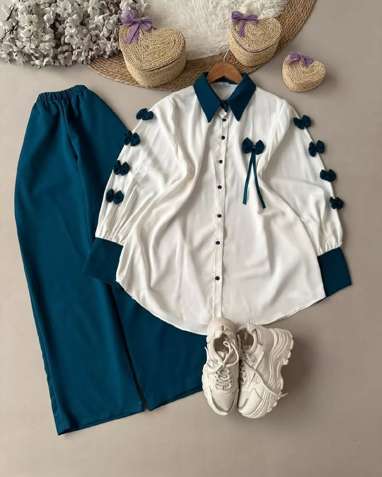 Elegant Bow Detail Two-Piece Set with Shirt and Trousers