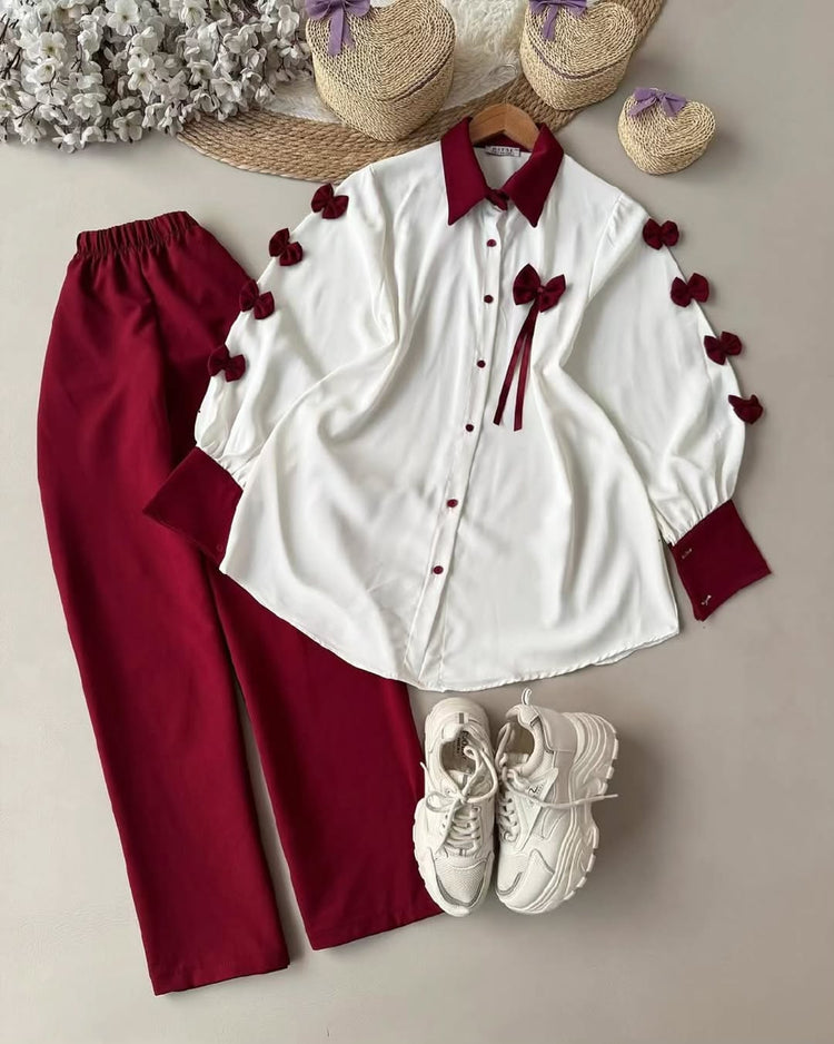 Elegant Bow Detail Two-Piece Set with Shirt and Trousers