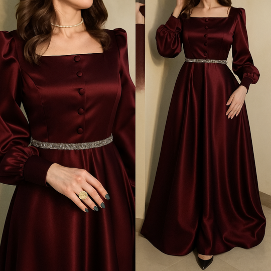 Elegant Full-Length Silk Gown with Button Detailing and Statement Belt