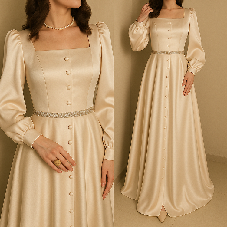 Elegant Full-Length Silk Gown with Button Detailing and Statement Belt